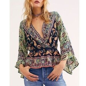 Free People Rosalie Floral Bohemian Wrap Bell Sleeve Top Blouse size XS